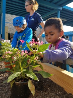Two children with special needs planting flowers in special raised garden beds